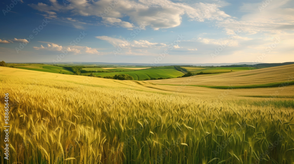 Rural landscape with wheat field. Generative AI