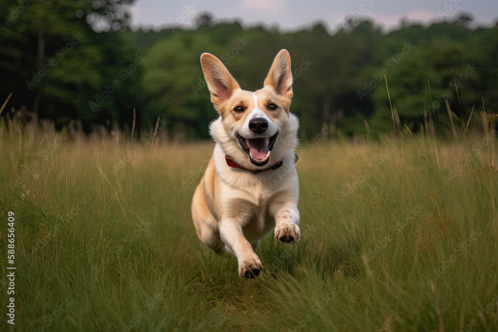 Happy dog running towards the camera in grassy field