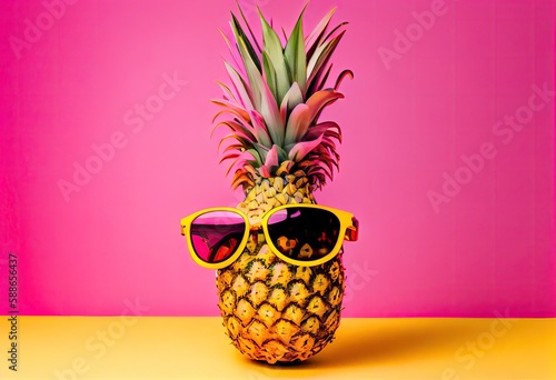 Pineapple with sunglasses on bright pink background