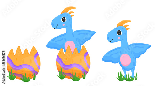 Set with egg and newborn flying dinosaur in cartoon style