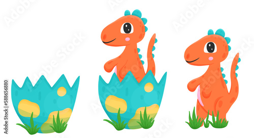 Set with egg and newborn orange dinosaur in cartoon style