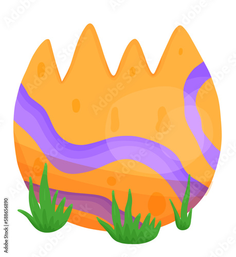 Half of hatched dinosaur egg in grass in cartoon style. Vector illustration