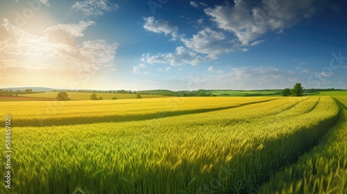 Rural landscape with wheat field. Generative AI