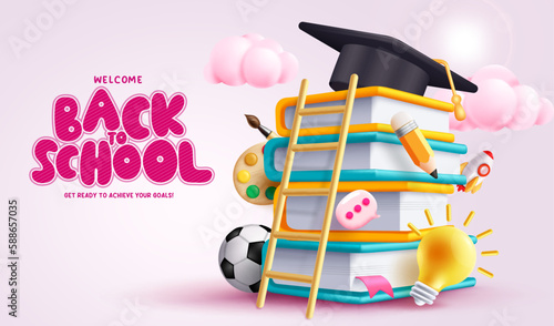 Back to school vector design. Back to school greeting text with educational books and graduation cap elements for success and graduation concept. Vector illustration greeting background.