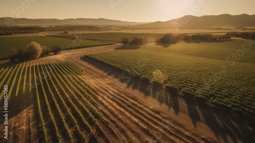Sunlit Vineyard Haven: Aerial View of Wine Country created using generative AI