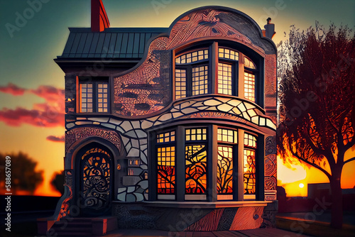 Art Nouveau architecture style house. Generative AI.