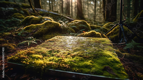 Old tree stump overgrown with moss on a blurred background of the forest. Close-up. For product display. Natural product presentation and advertising concept. 5 Generatie ai