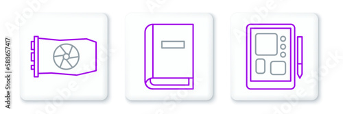 Set line Graphic tablet, Video graphic card and User manual icon. Vector