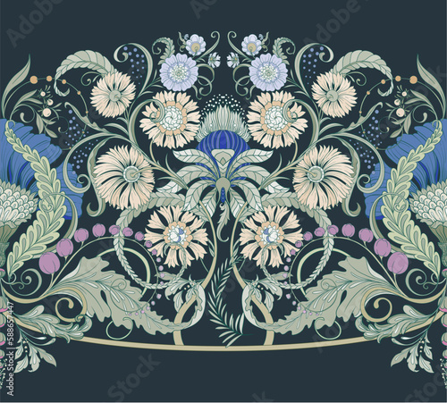 Decorative flowers and leaves in art nouveau style, vintage, old, retro style. Seamless pattern, background. Vector illustration.
