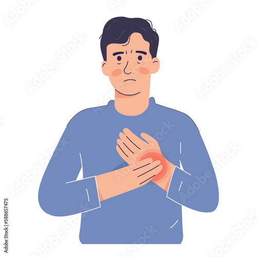 Sad young man having an accident with pain in his wrist. Wrist problem, vector illustration
