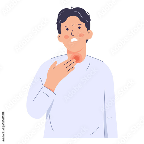 Strep throat vector illustration, sore throat, irritation. Man suffers from food stuck in throat. The initial symptoms were unwell.