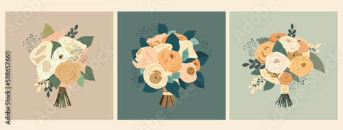 Set with three Wedding bouquet. Vector illustration in flat cartoon style.