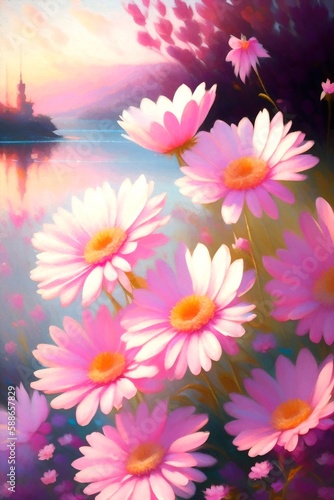 A modern painting of pink flowers