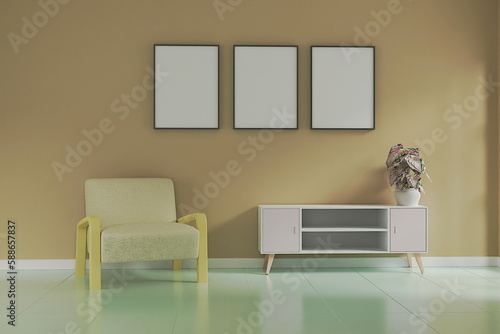 living room design. empty room design interio.Photo frame mock up 3d rendering