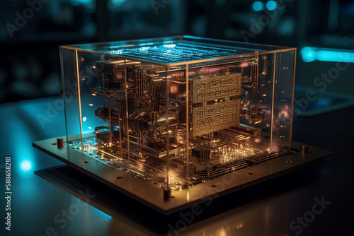 Quantum computer, with qubits changing state, achieving quantum supremacy. Conceptual illustration. Generative AI photo