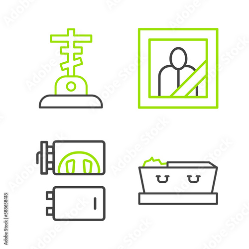 Set line Coffin with dead, Crematorium, Mourning photo frame and Grave cross icon. Vector