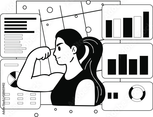 Fitness girl who loves health is losing weight illustration in doodle style