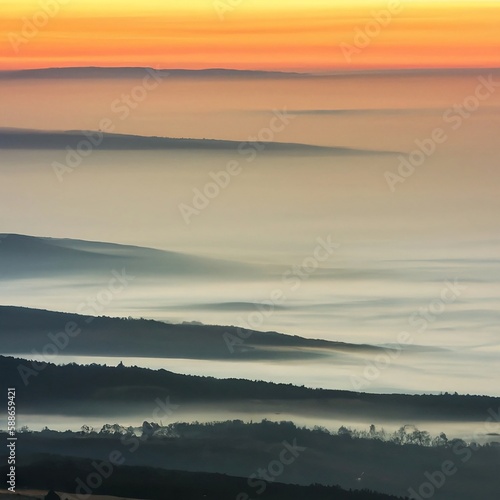 mountain landscape at sunrise with mist rising from the valley created using Generative AI