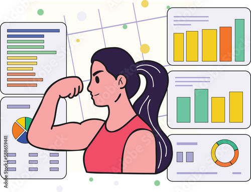 Fitness girl who loves health is losing weight illustration in doodle style