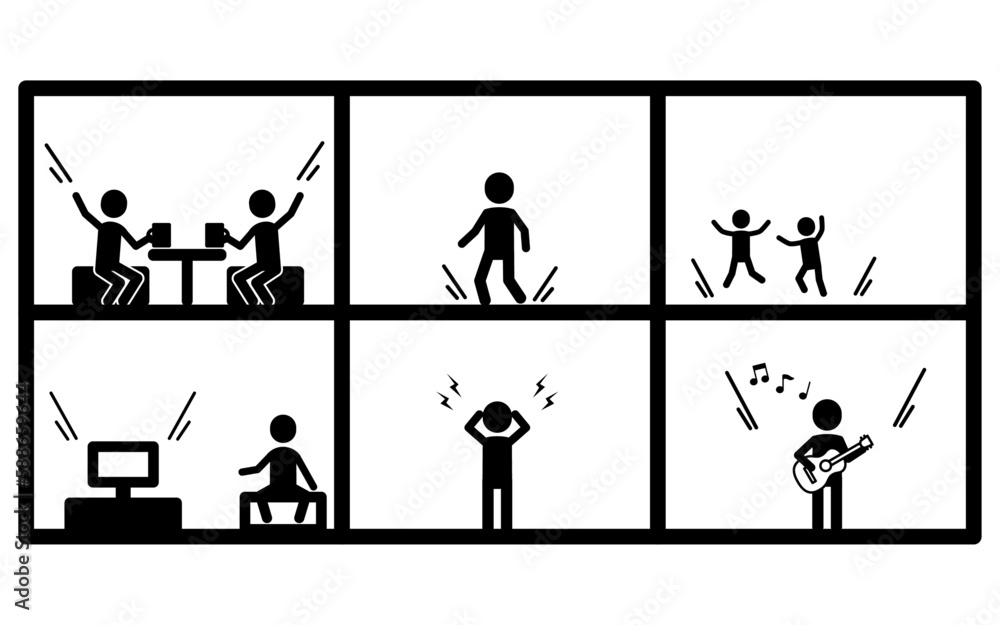 騒音トラブルの多い賃貸物件とそれでストレスを感じてる人のイメージ 騒音トラブルの多い賃貸物件とそれでストレスを感じてる人のイメージ