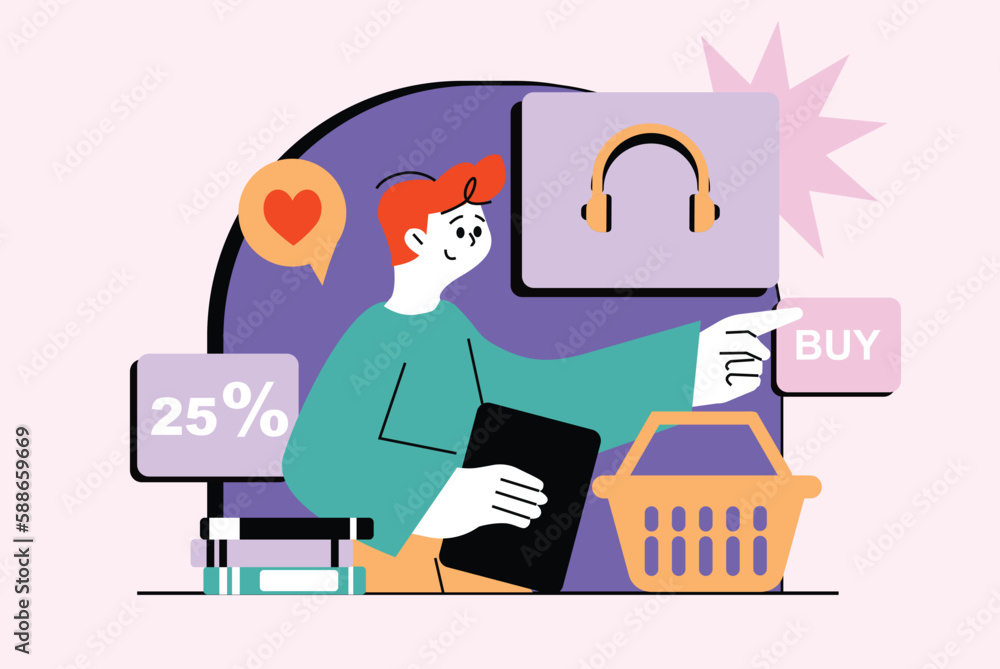 Online shopping waist high concept with people scene in the flat cartoon design. Boy chooses new headphone on the online store Vector illustration.