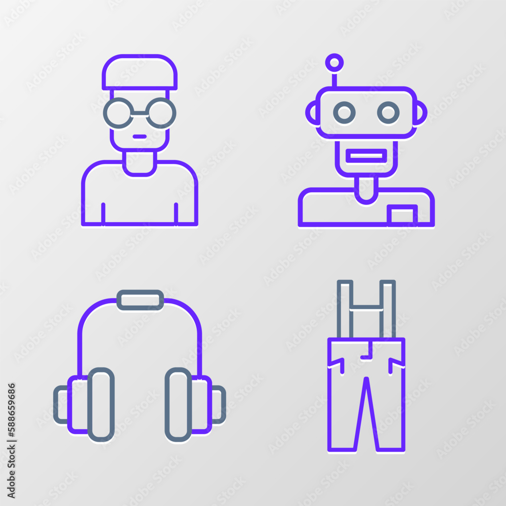 Set line Pants with suspenders, Headphones, Robot and Nerd geek icon. Vector Set line Pants with suspenders, Headphones, Robot and Nerd geek icon. Vector