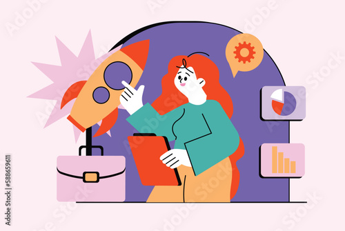 Startup waist high concept with people scene in the flat cartoon style. Girl is preparing to implement all her business ideas. Vector illustration.