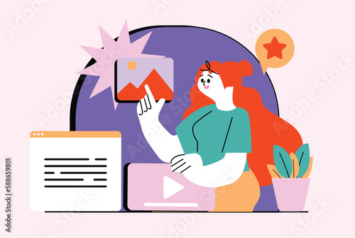 App development waist high concept with people scene in the flat cartoon style. Woman works on mobile application development. Vector illustration.