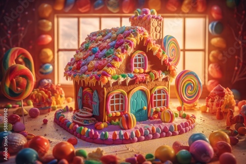 Illustration of a whimsical colourful gingerbread house surrounded by a vibrant candy landscape created with Generative AI technology