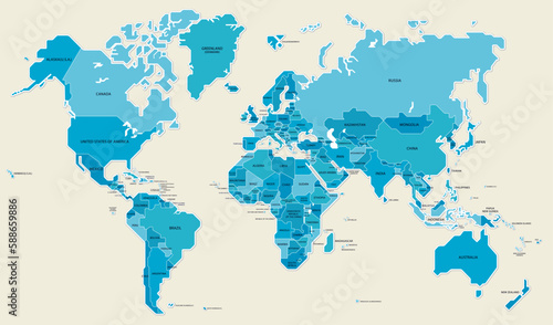 世界地図　色分け青　国名　国境　イラスト