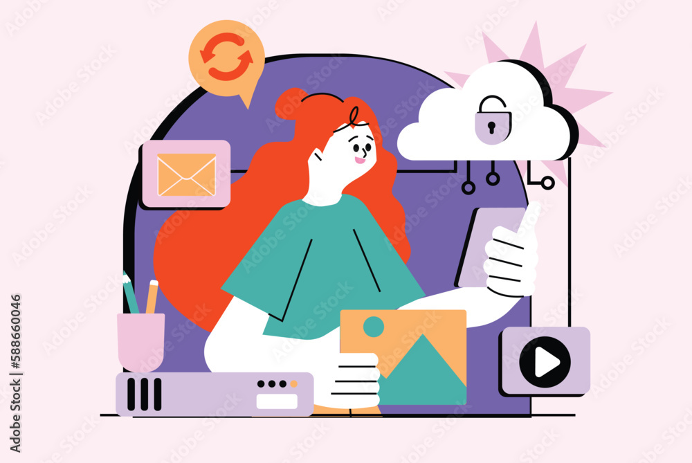 Cloud storage waist high concept with people scene in the flat cartoon design. Girl looks at the pictures that she once uploaded to the cloud storage. Vector illustration. Cloud storage waist high concept with people scene in the flat cartoon design. Girl looks at the pictures that she once uploaded to the cloud storage. Vector illustration.