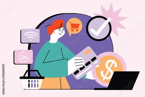 Online payment waist high concept with people scene in the flat cartoon design. Guy wants to pay all his receipts and payments using internet banking. Vector illustration.