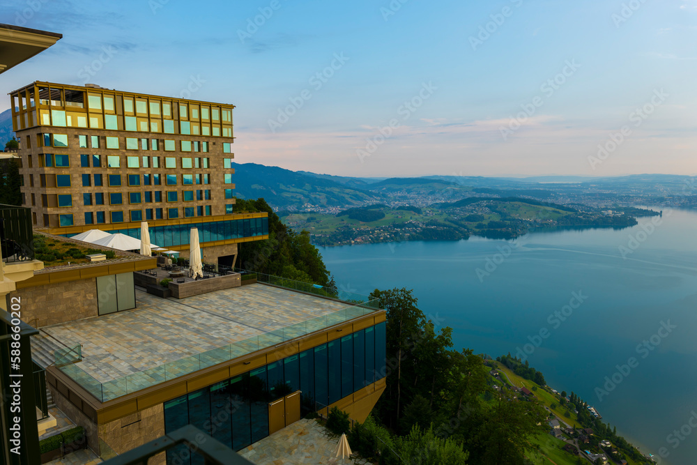 custom made wallpaper toronto digitalHotel Five Stars Bürgenstock over Lake Lucerne and Mountain with Sunlight in Bürgenstock, Nidwalden, Switzerland.
