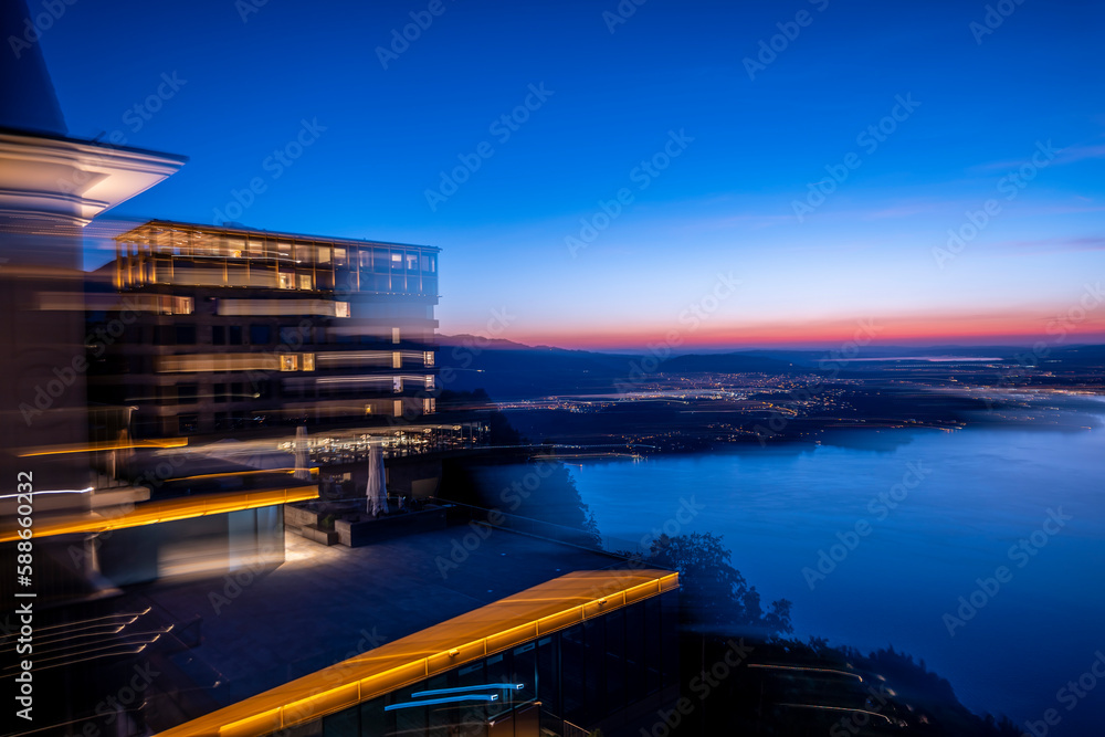 custom made wallpaper toronto digitalHotel Five Stars Bürgenstock over Lake Lucerne and Mountain and Light Trails in Dusk in Bürgenstock, Nidwalden, Switzerland.