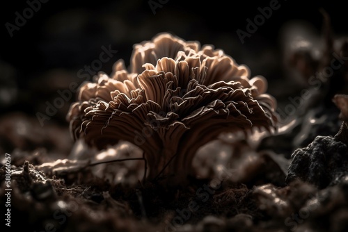 Maitake Mushroom Emerging from Soil, Fragile Cap in Focus, Rich Dark Soil, Generative AI photo