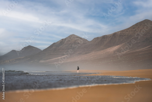 Obraz na płótnie Stunning view a person walking on the Cofete beach surrounded by the chain of mountains of the Jandía Natural Park. Fuerteventura, Canary Islands. w salonie