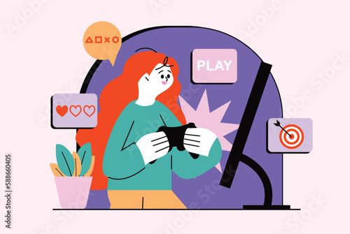 Gaming waist high concept with people scene in the flat cartoon design. Girl decided to take a break from studying and plays computer games. Vector illustration.