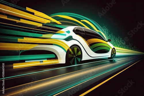 Modern electric car rides throught tunnel with speed blur. Generative AI