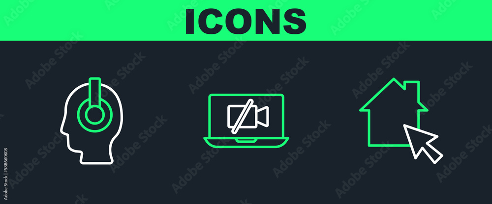 Set line Online working, Freelancer and Video camera Off on laptop icon. Vector Set line Online working, Freelancer and Video camera Off on laptop icon. Vector