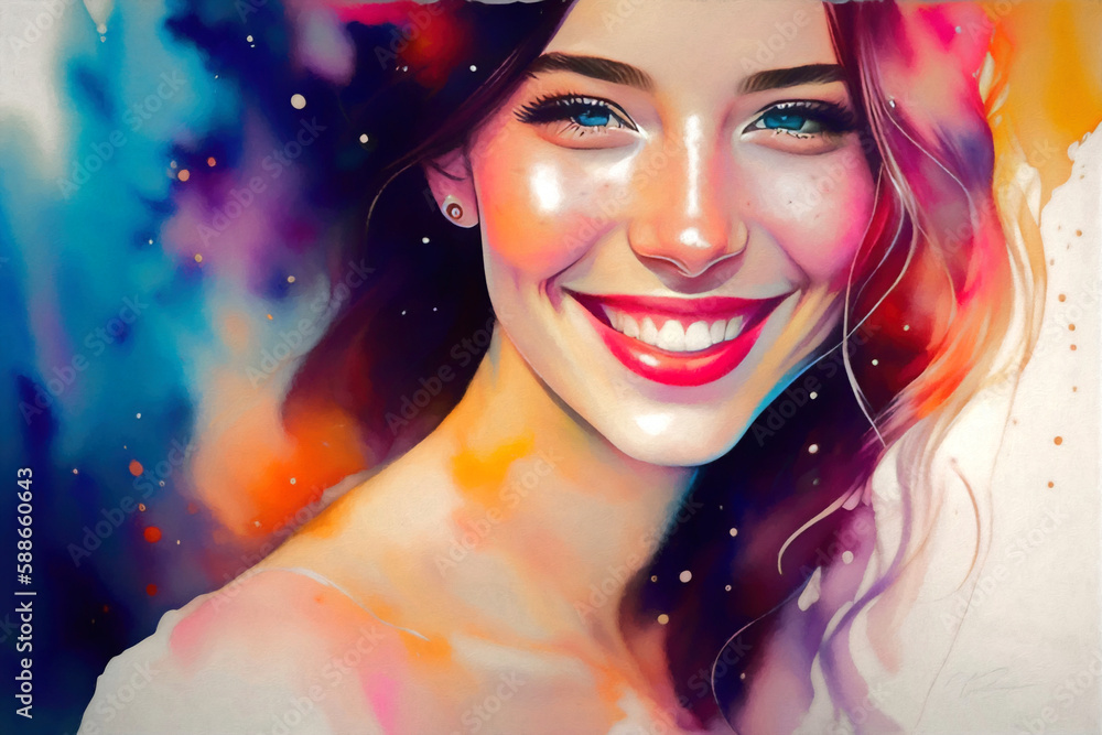 Colorful portrait of a young woman. Generative AI
