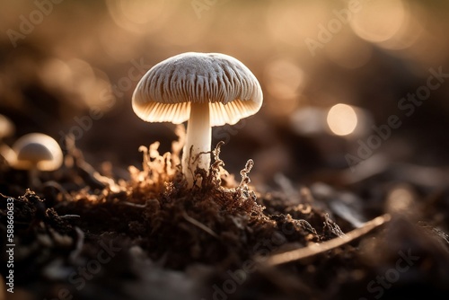 Shaggy Mane Mushroom Emerging from Soil  Fragile Cap in Focus  Rich Dark Soil  Generative AI