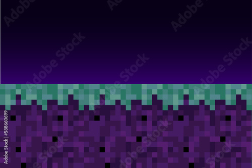 Pixel style night land mine background. Concept of game craft ground pixelated seamless horizontal landscape background with night sky. Vector illustration
