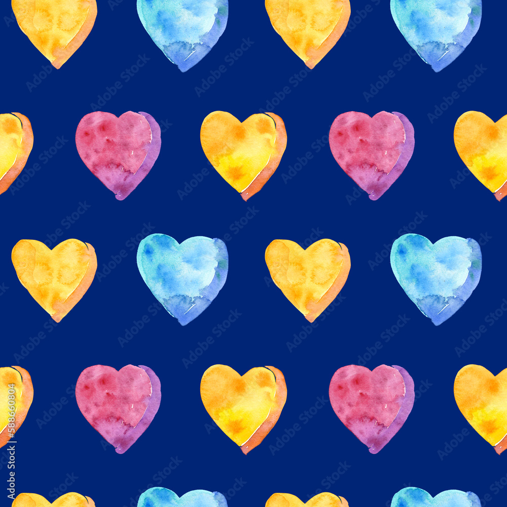 Seamless pattern of watercolor pink, yellow and blue hearts. Hand drawn illustration. Hand painted elements on dark blue background.