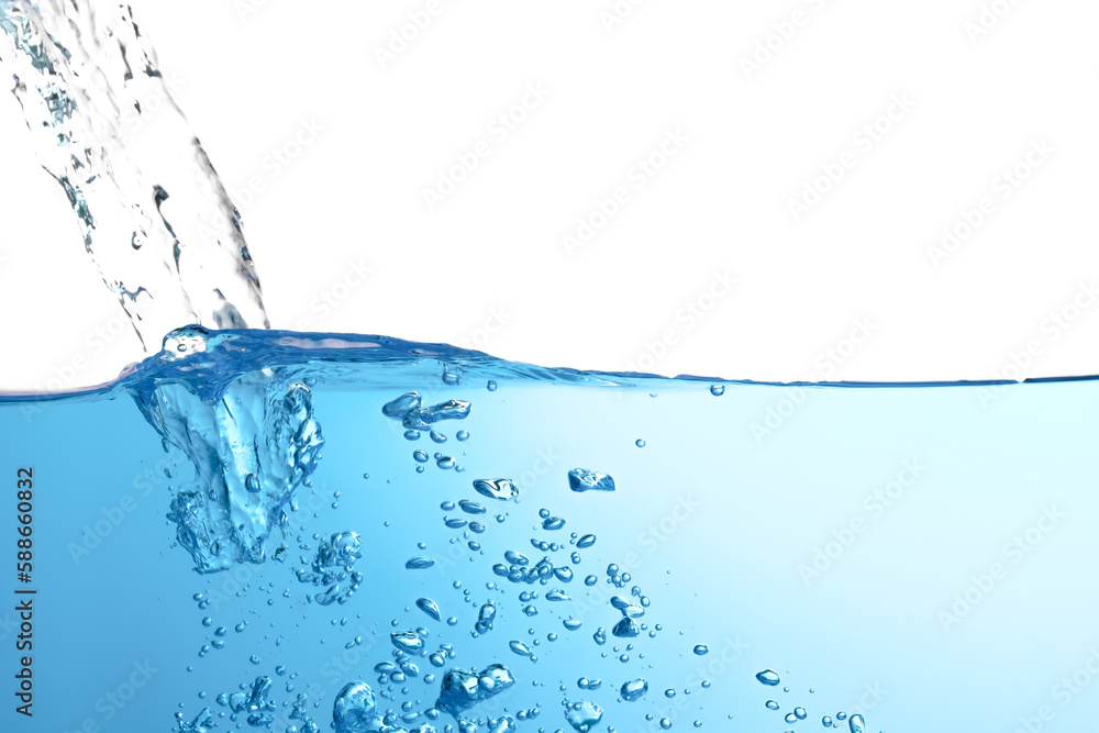 water splash with air bubbles. Fresh and clean surface aqua flowing in wave and clean water on white background isolated. close-up water splash with air bubbles. Fresh and clean surface aqua flowing in wave and clean water on white background isolated. close-up