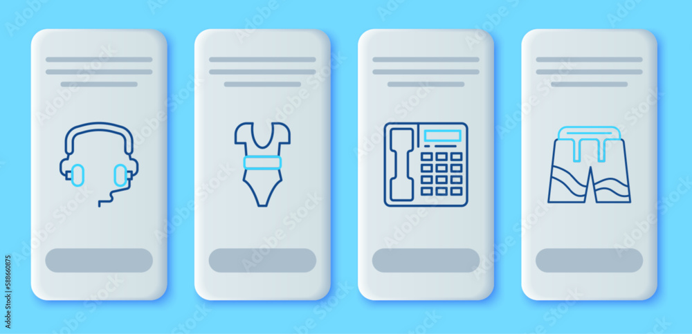 Set line Swimsuit, Telephone handset, Headphones and Short or pants icon. Vector