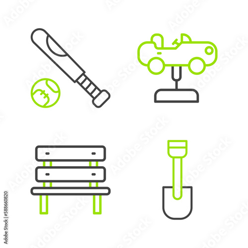Set line Shovel toy, Bench, Swing car and Baseball bat with ball icon. Vector photo
