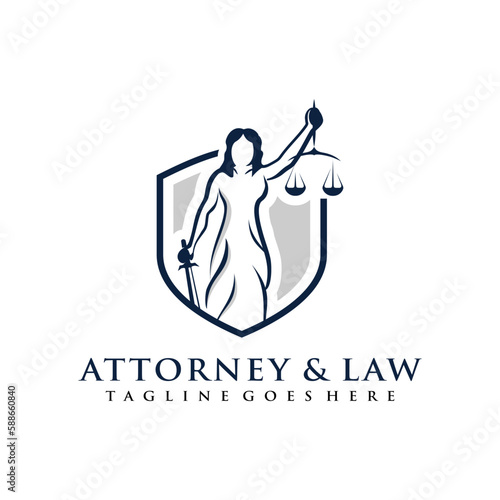 lady law logo concept with shield element. Attorney,  justice design template. Law symbol. Vector illustration