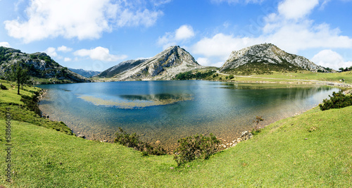 Fototapeta Naklejka Na Ścianę i Meble -  Lakes of Covadonga, Asturias, Spain. Panoramic view of Lake Enol in Picos Europa.