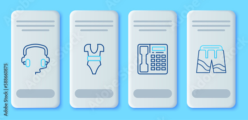 Set line Swimsuit, Telephone handset, Headphones and Short or pants icon. Vector