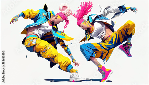 illustration of hype beast breakdancers, vector. grunge designs style. splash. pastel colors combination. AI generated 